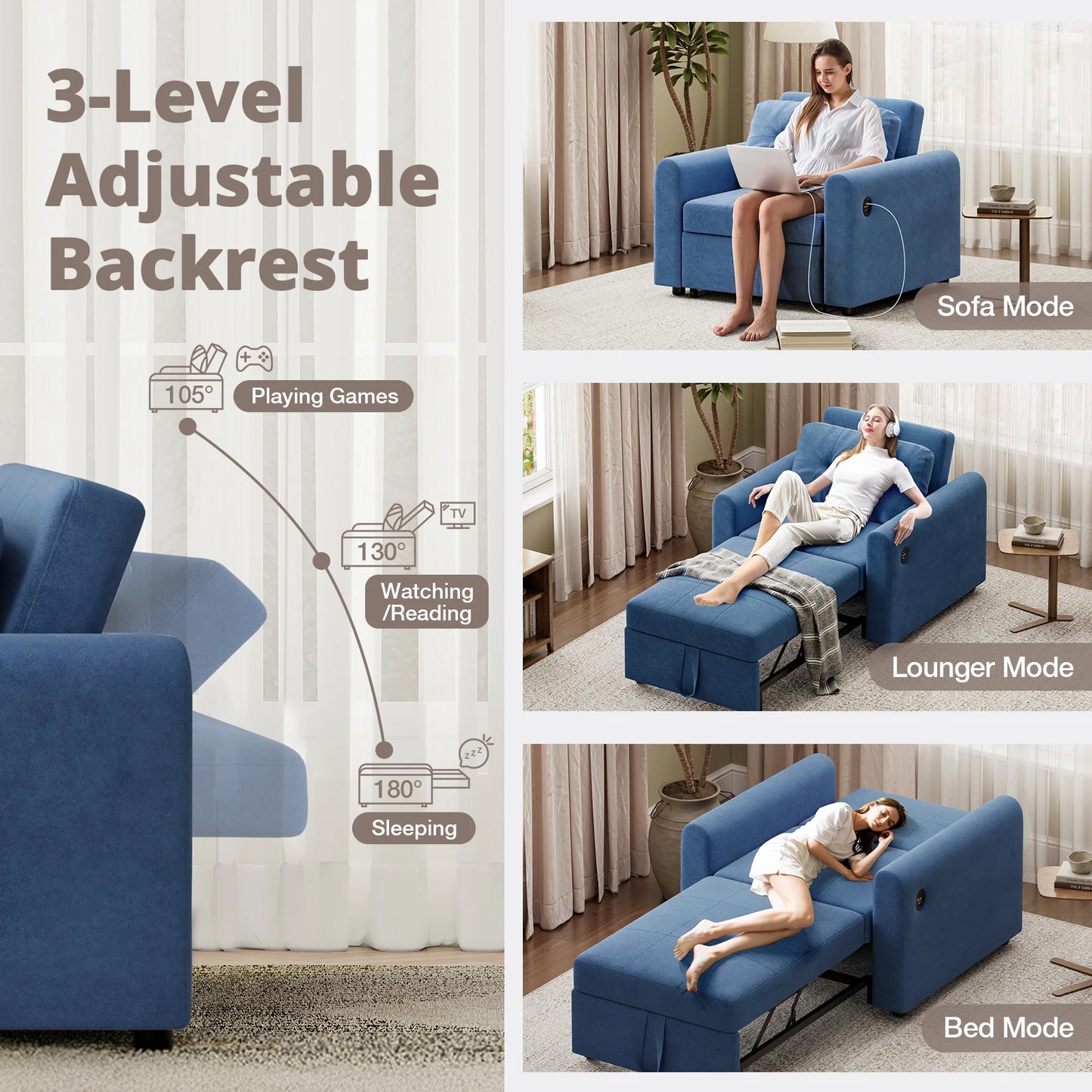 Luxury Single Pull Out Sofa Bed (with usb)