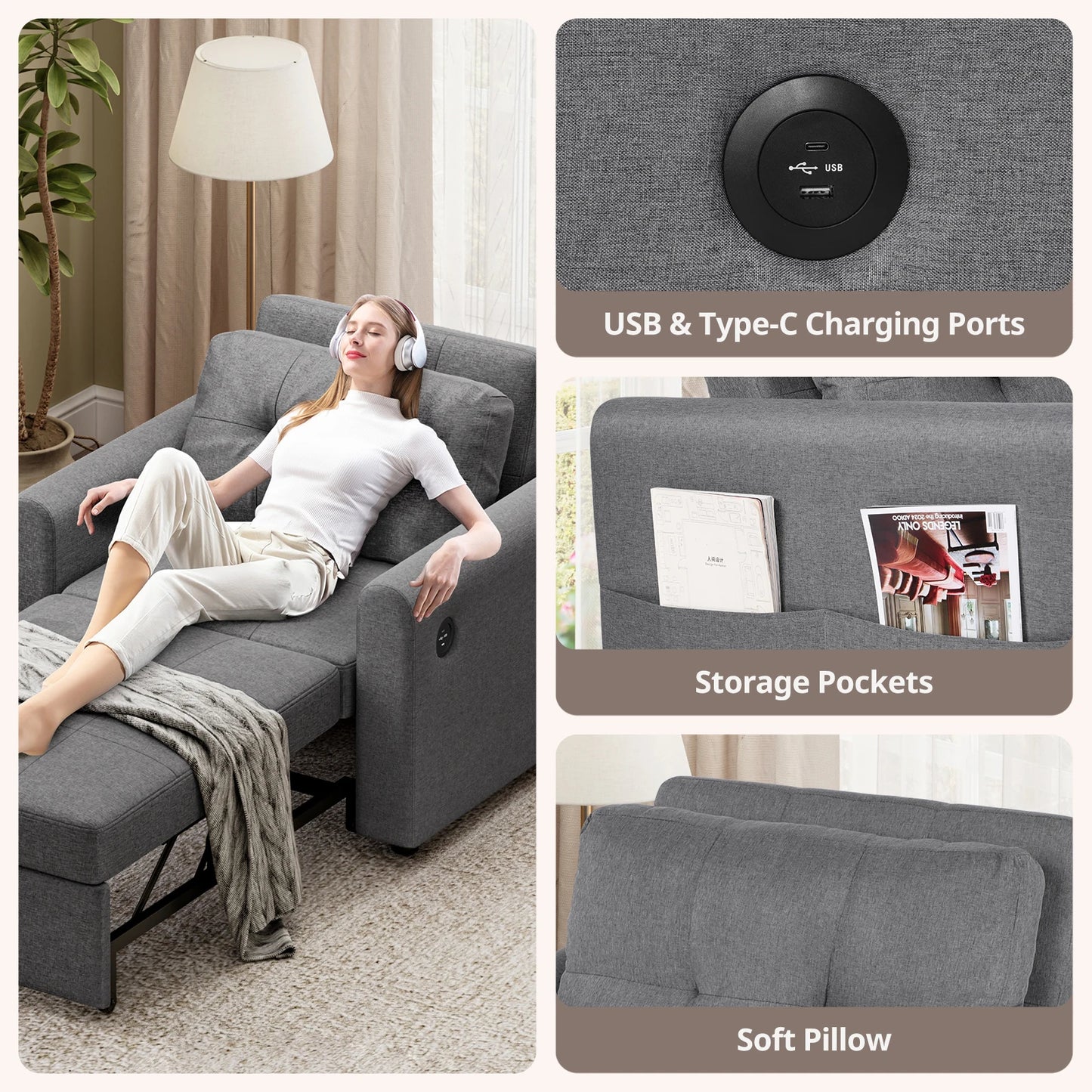 Luxury Single Pull Out Sofa Bed (with usb)