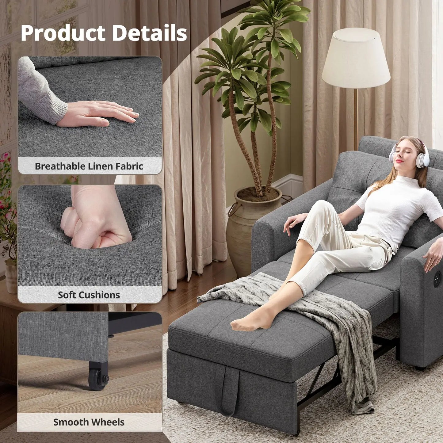 Luxury Single Pull Out Sofa Bed (with usb)